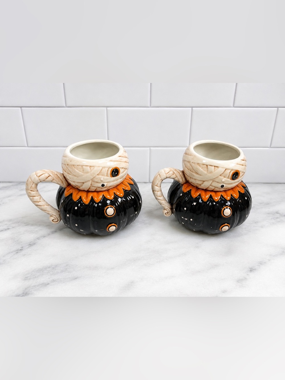Pair NEW Johanna Parker Halloween Mummy Pumpkin Peeps Eye Jumbo Mug Set Of 2